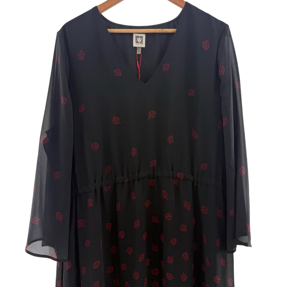 NWT Anne Klein Sheer Overlay Long Sleeve Cinch Drawstring Blk Red Midi Dress 18 - Picture 4 of 13